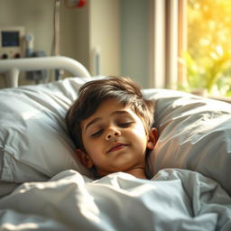 A heartfelt scene capturing a young Iranian boy in a hospital room, peacefully lying in a hospital bed while surrounded by soft, natural light streaming through the window