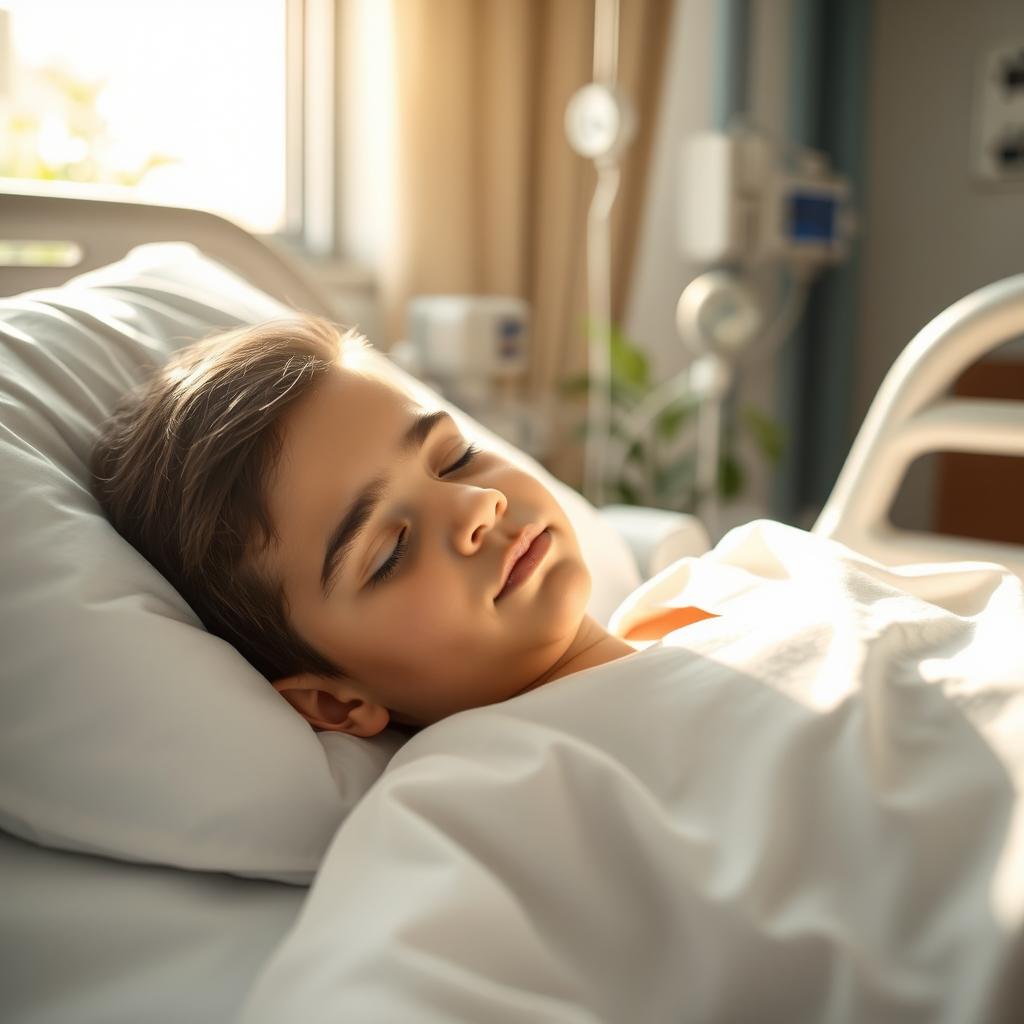 A heartfelt scene capturing a young Iranian boy in a hospital room, peacefully lying in a hospital bed while surrounded by soft, natural light streaming through the window
