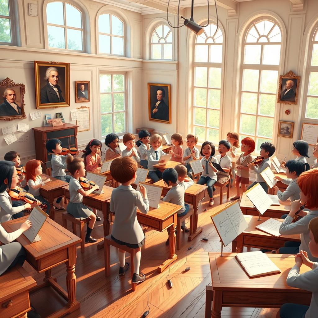 A vibrant and dynamic 3D animation scene set in a music classroom, showcasing detailed architectural elements