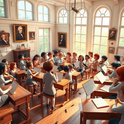 A vibrant and dynamic 3D animation scene set in a music classroom, showcasing detailed architectural elements