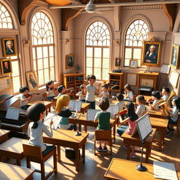 A vibrant and dynamic 3D animation scene set in a music classroom, showcasing detailed architectural elements