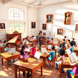 A vibrant and dynamic 3D animation scene set in a music classroom, showcasing detailed architectural elements