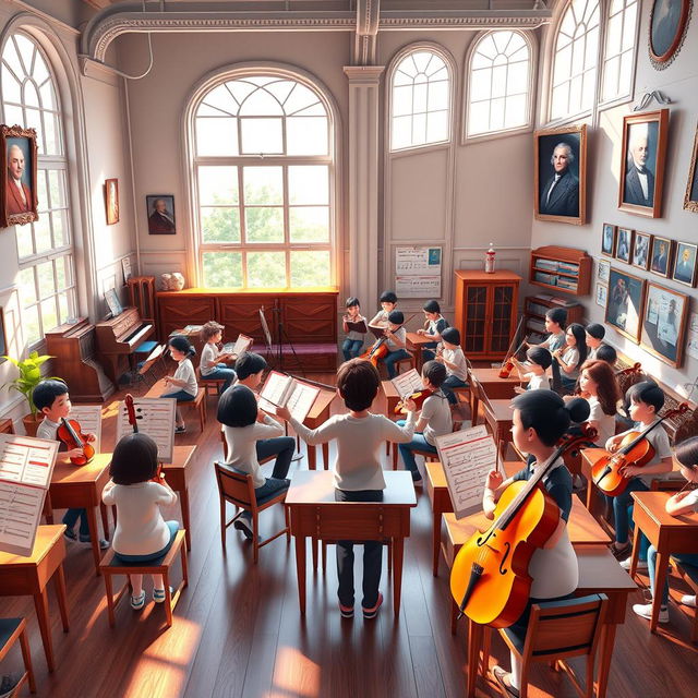A vibrant and dynamic 3D animation scene set in a music classroom, showcasing detailed architectural elements