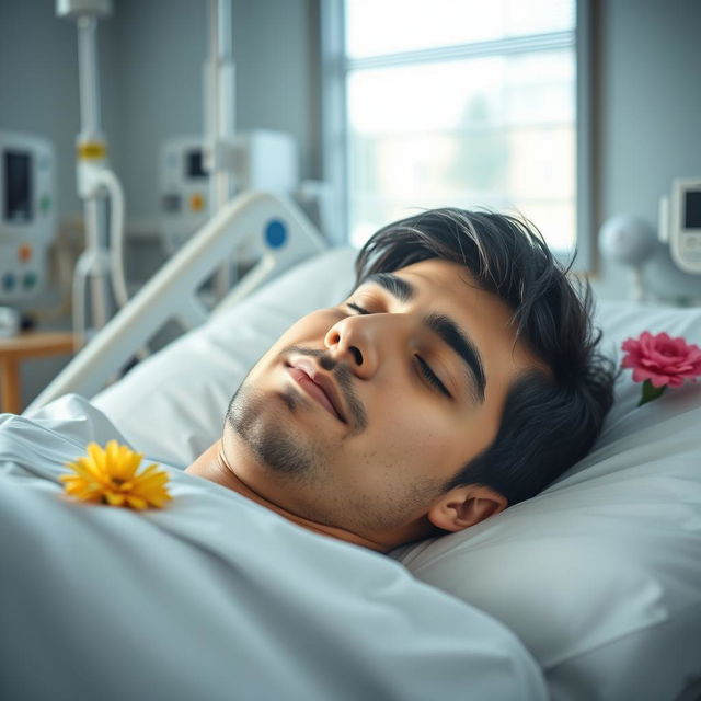 A portrait of a young Iranian man, 18 years old, lying peacefully in a hospital bed
