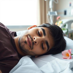 A portrait of a young Iranian man, 18 years old, lying peacefully in a hospital bed