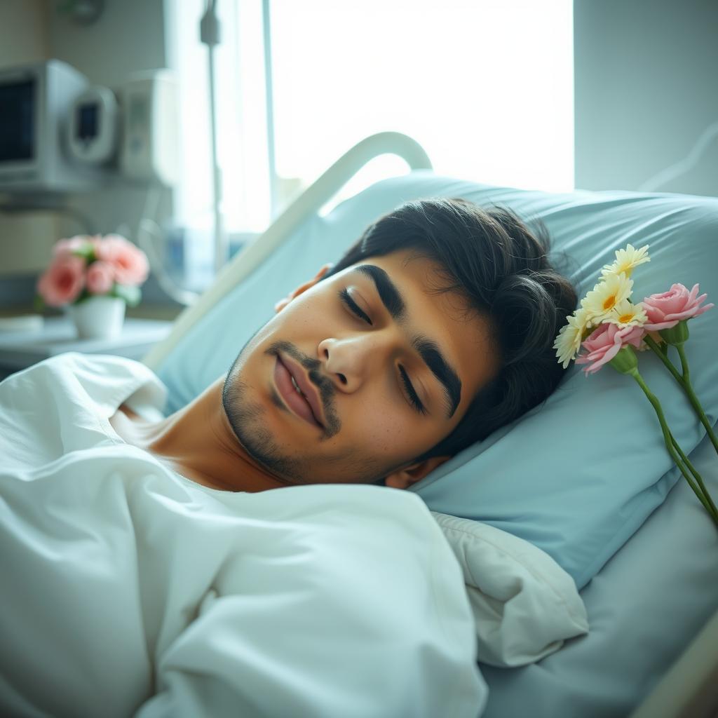 A portrait of a young Iranian man, 18 years old, lying peacefully in a hospital bed