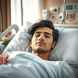 A portrait of a young Iranian man, 18 years old, lying peacefully in a hospital bed