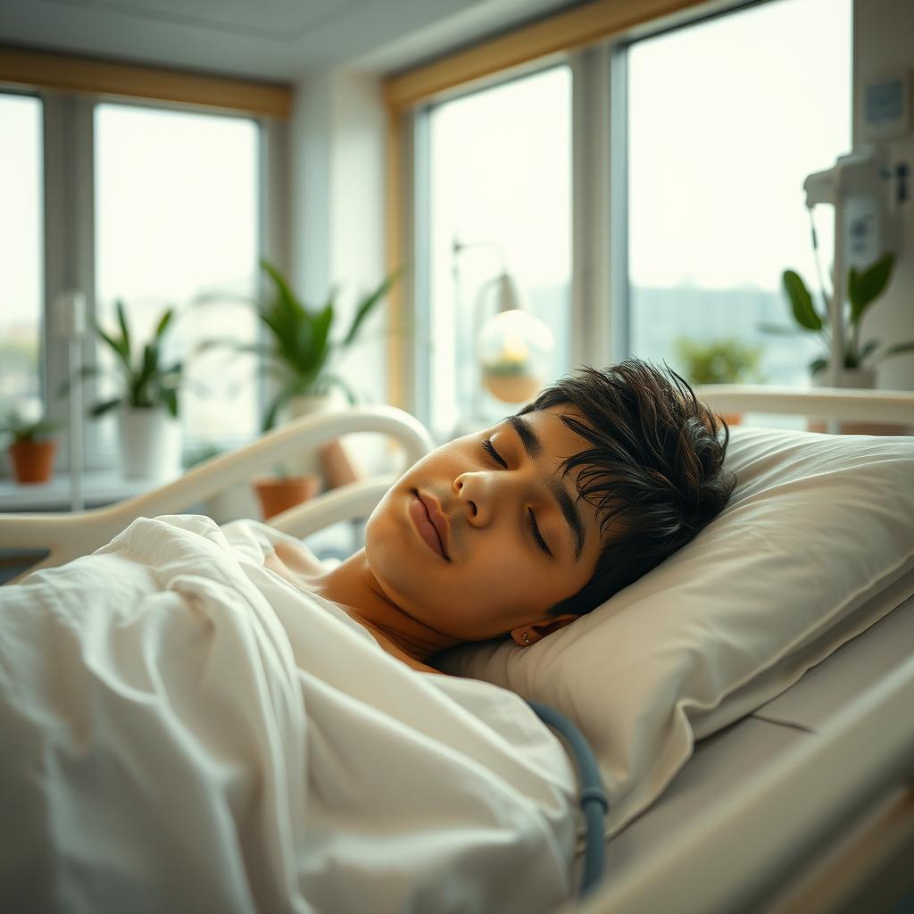 A poignant scene of an 18-year-old Iranian boy in a coma, resting in a brightly lit hospital room