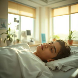 A poignant scene of an 18-year-old Iranian boy in a coma, resting in a brightly lit hospital room