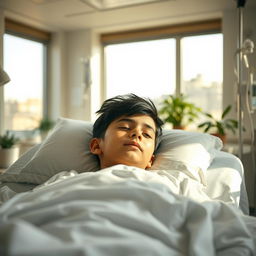 A poignant scene of an 18-year-old Iranian boy in a coma, resting in a brightly lit hospital room