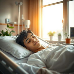 A poignant scene of an 18-year-old Iranian boy in a coma, resting in a brightly lit hospital room