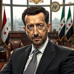 A portrait of Bashar al-Assad, depicted in a dignified and authoritative manner, dressed in a formal suit with a crisp white shirt and a tie