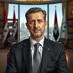 A portrait of Bashar al-Assad, depicted in a dignified and authoritative manner, dressed in a formal suit with a crisp white shirt and a tie