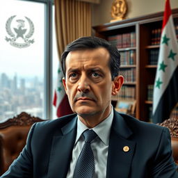A portrait of Bashar al-Assad, depicted in a dignified and authoritative manner, dressed in a formal suit with a crisp white shirt and a tie