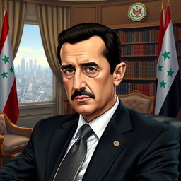 A portrait of Bashar al-Assad, depicted in a dignified and authoritative manner, dressed in a formal suit with a crisp white shirt and a tie