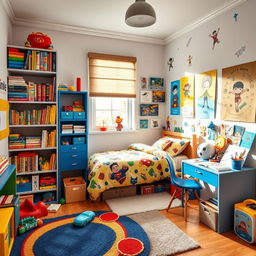 A vibrant and imaginative young boy's room, filled with colorful toys, bookshelves overflowing with children's books, a bed with superhero-themed bedding, a small desk covered with art supplies and drawings, walls decorated with bright posters of cartoon characters and adventure themes, a cozy rug on the floor, and a window with light filtering in, creating a warm and welcoming atmosphere