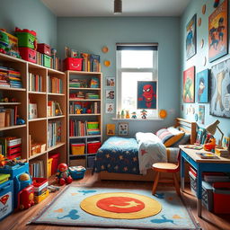 A vibrant and imaginative young boy's room, filled with colorful toys, bookshelves overflowing with children's books, a bed with superhero-themed bedding, a small desk covered with art supplies and drawings, walls decorated with bright posters of cartoon characters and adventure themes, a cozy rug on the floor, and a window with light filtering in, creating a warm and welcoming atmosphere
