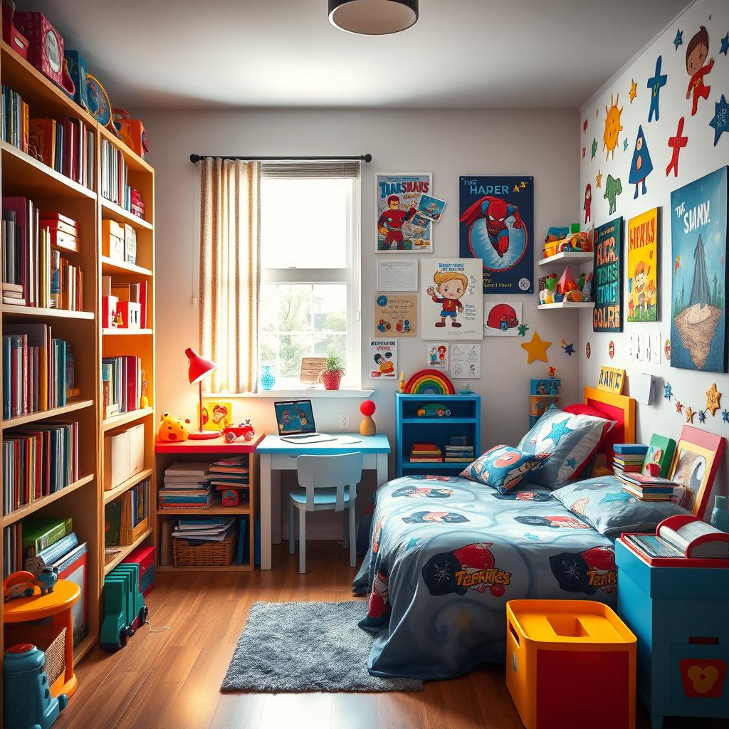 A vibrant and imaginative young boy's room, filled with colorful toys, bookshelves overflowing with children's books, a bed with superhero-themed bedding, a small desk covered with art supplies and drawings, walls decorated with bright posters of cartoon characters and adventure themes, a cozy rug on the floor, and a window with light filtering in, creating a warm and welcoming atmosphere