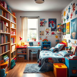 A vibrant and imaginative young boy's room, filled with colorful toys, bookshelves overflowing with children's books, a bed with superhero-themed bedding, a small desk covered with art supplies and drawings, walls decorated with bright posters of cartoon characters and adventure themes, a cozy rug on the floor, and a window with light filtering in, creating a warm and welcoming atmosphere