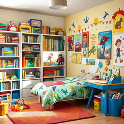 A vibrant and imaginative young boy's room, filled with colorful toys, bookshelves overflowing with children's books, a bed with superhero-themed bedding, a small desk covered with art supplies and drawings, walls decorated with bright posters of cartoon characters and adventure themes, a cozy rug on the floor, and a window with light filtering in, creating a warm and welcoming atmosphere