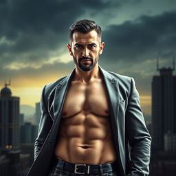 A stylized portrait of Bashar al-Assad, depicted with a strong physique showcasing a well-defined six-pack abdominal muscles