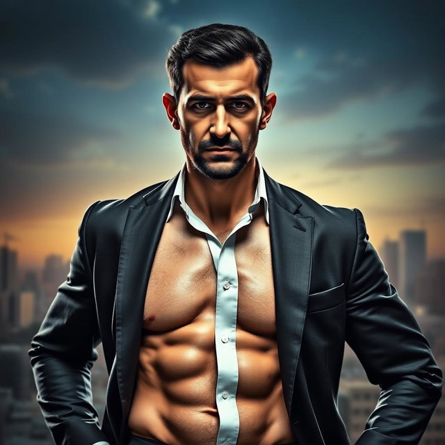 A stylized portrait of Bashar al-Assad, depicted with a strong physique showcasing a well-defined six-pack abdominal muscles