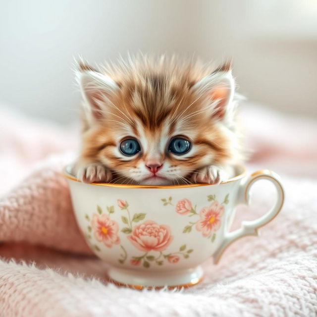 A cute kitten nestled comfortably in a charming teacup, with its fluffy fur and playful expression, creating an adorable and inviting scene perfect for a pet store logo