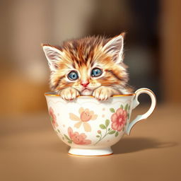 A cute kitten nestled comfortably in a charming teacup, with its fluffy fur and playful expression, creating an adorable and inviting scene perfect for a pet store logo