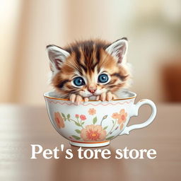 A cute kitten nestled comfortably in a charming teacup, with its fluffy fur and playful expression, creating an adorable and inviting scene perfect for a pet store logo