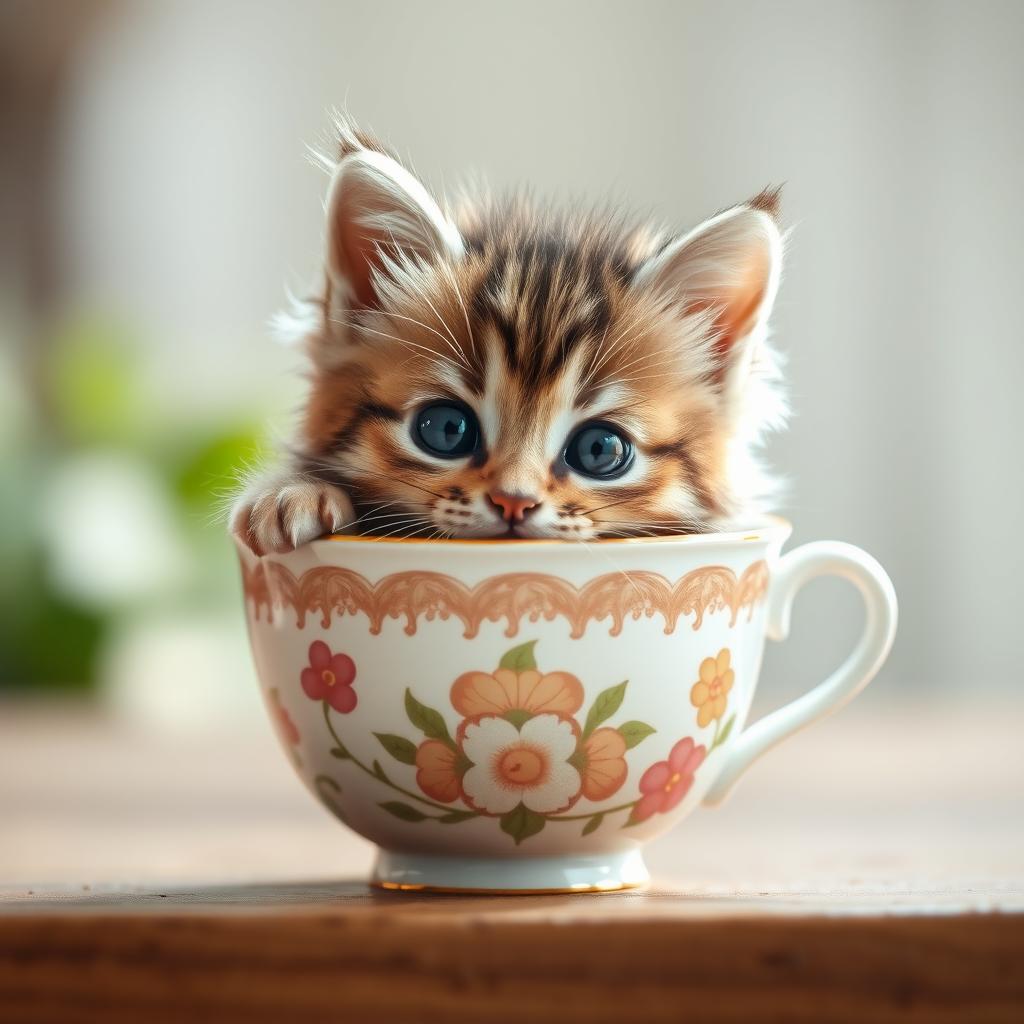 A cute kitten nestled comfortably in a charming teacup, with its fluffy fur and playful expression, creating an adorable and inviting scene perfect for a pet store logo