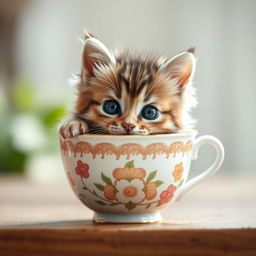 A cute kitten nestled comfortably in a charming teacup, with its fluffy fur and playful expression, creating an adorable and inviting scene perfect for a pet store logo