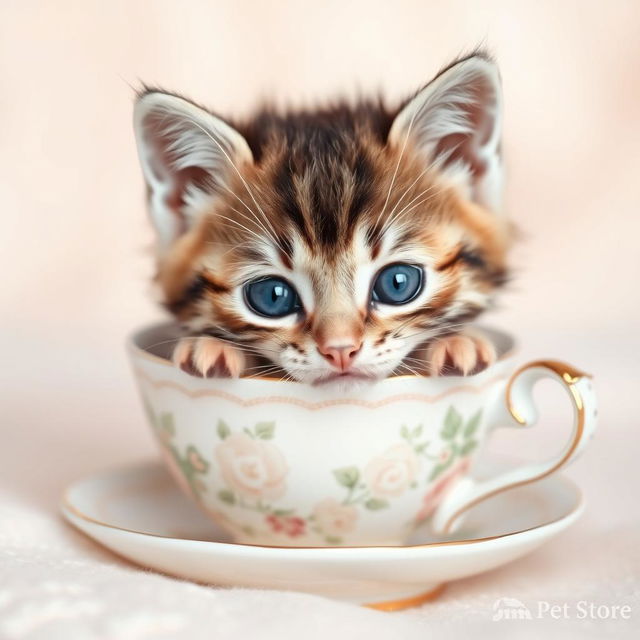 A charming and adorable close-up photograph of a cute kitten resting inside a delicate teacup, showcasing the kitten's bright, expressive eyes and soft fur
