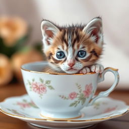 A charming and adorable close-up photograph of a cute kitten resting inside a delicate teacup, showcasing the kitten's bright, expressive eyes and soft fur