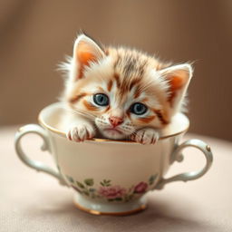 A charming and adorable close-up photograph of a cute kitten resting inside a delicate teacup, showcasing the kitten's bright, expressive eyes and soft fur