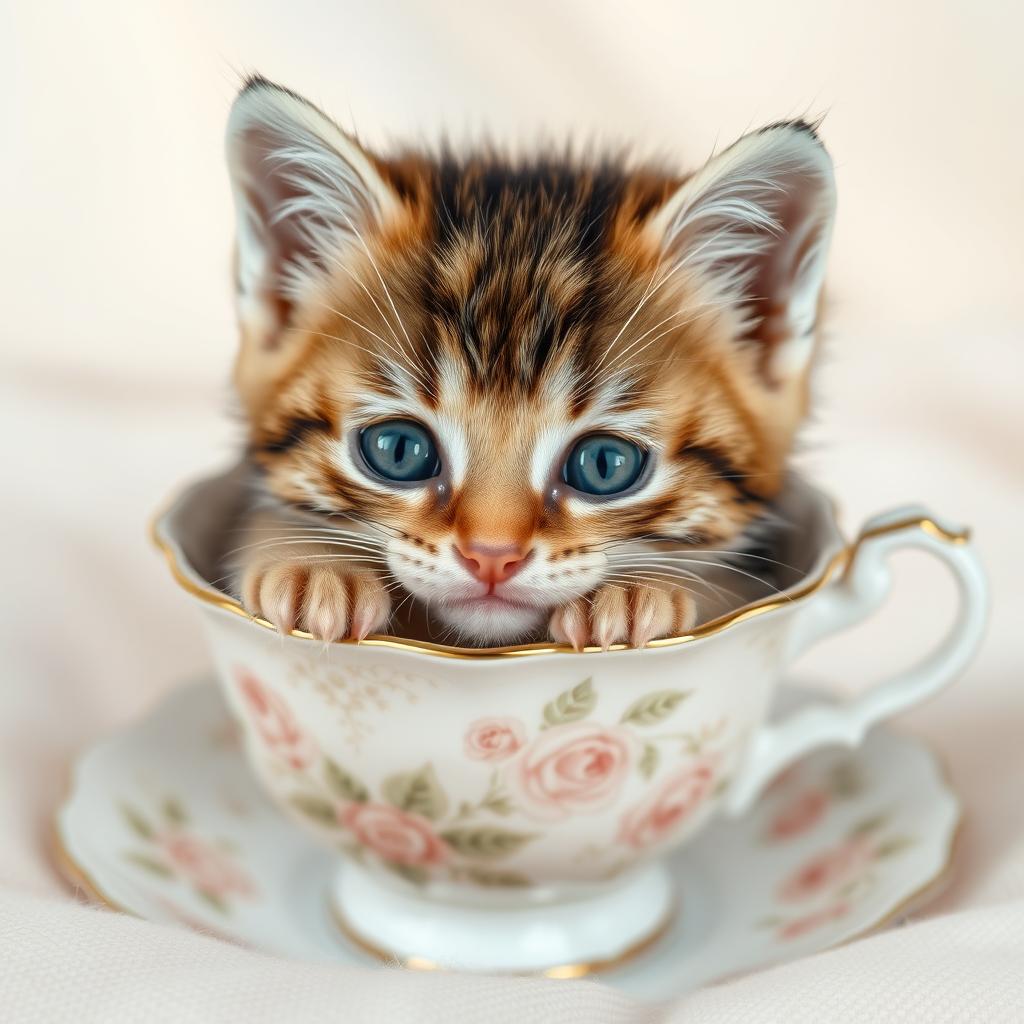 A charming and adorable close-up photograph of a cute kitten resting inside a delicate teacup, showcasing the kitten's bright, expressive eyes and soft fur