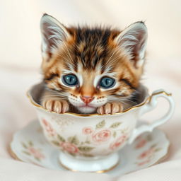 A charming and adorable close-up photograph of a cute kitten resting inside a delicate teacup, showcasing the kitten's bright, expressive eyes and soft fur