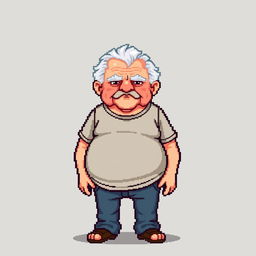 A pixel art depiction of an old man with a round belly and a serious expression