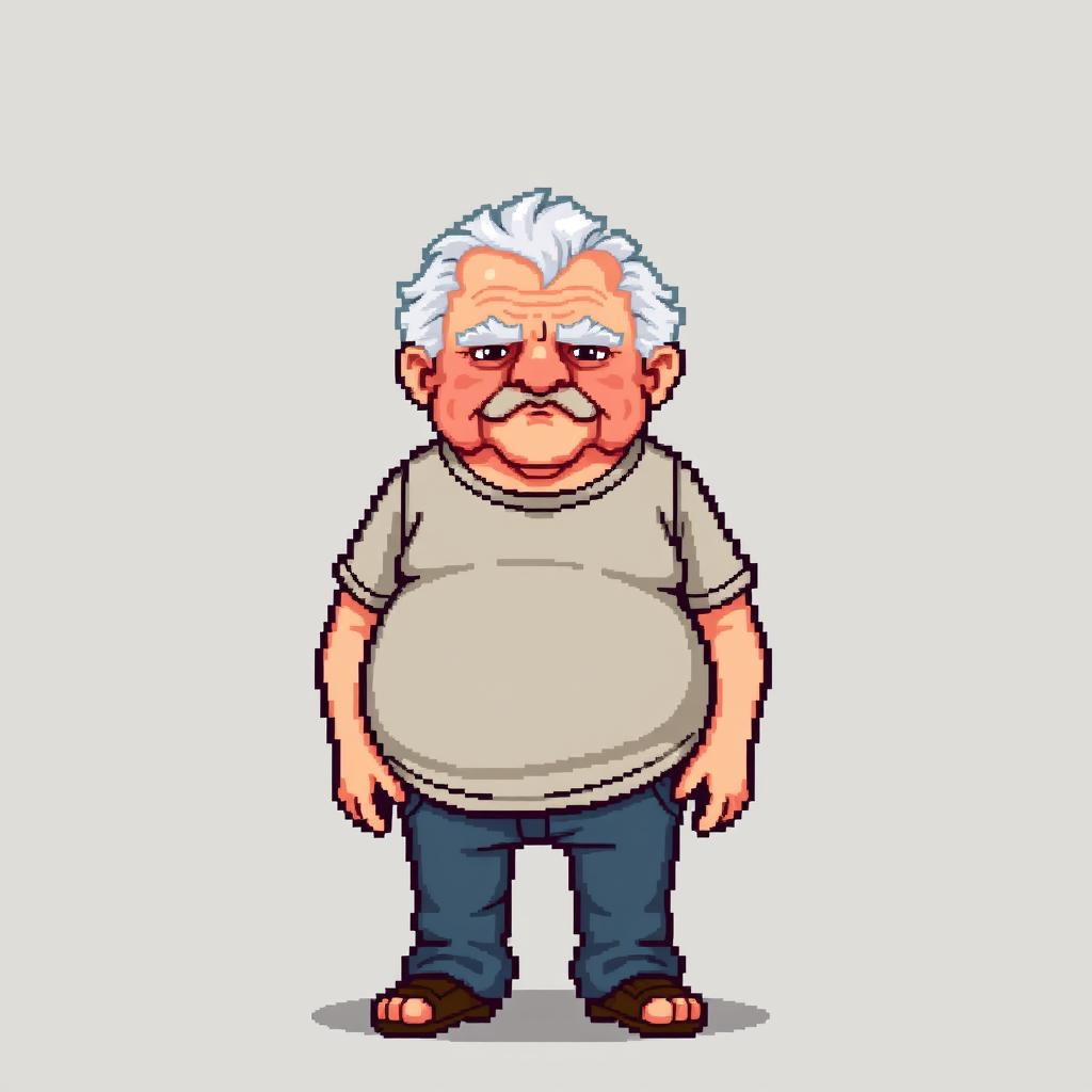 A pixel art depiction of an old man with a round belly and a serious expression