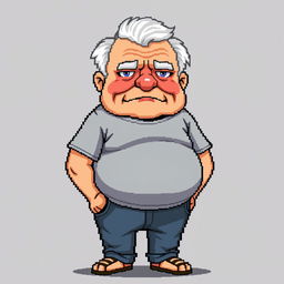 A pixel art depiction of an old man with a round belly and a serious expression