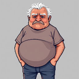 A pixel art depiction of an old man with a round belly and a serious expression