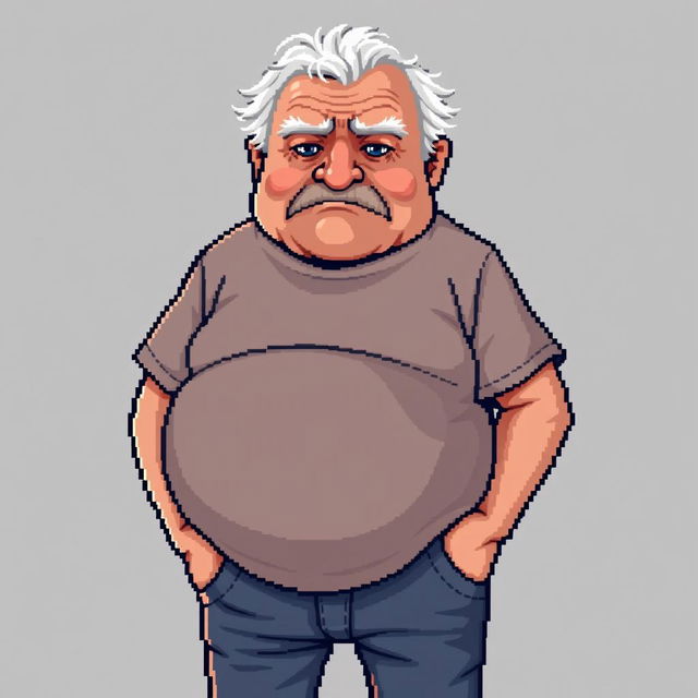 A pixel art depiction of an old man with a round belly and a serious expression