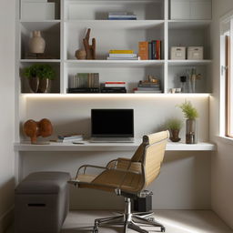 A compact, well-organized home office with modern furniture and decent lighting. Include elements like a desk, comfortable chair, laptop, bookshelves, and some indoor plants.