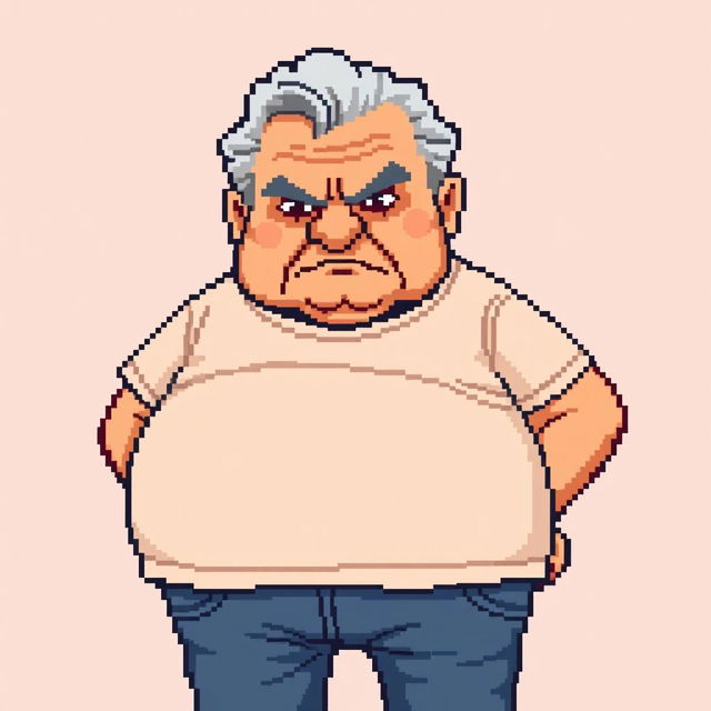 16-bit pixel art of an old man with a big belly and a serious face, wearing a t-shirt and jeans