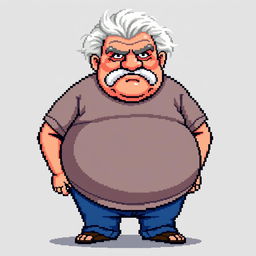 16-bit pixel art of an old man with a big belly and a serious face, wearing a t-shirt and jeans