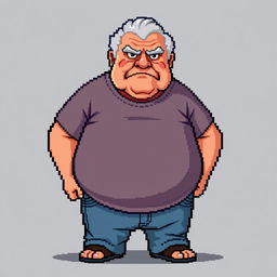 16-bit pixel art of an old man with a big belly and a serious face, wearing a t-shirt and jeans