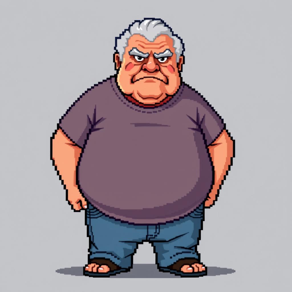 16-bit pixel art of an old man with a big belly and a serious face, wearing a t-shirt and jeans