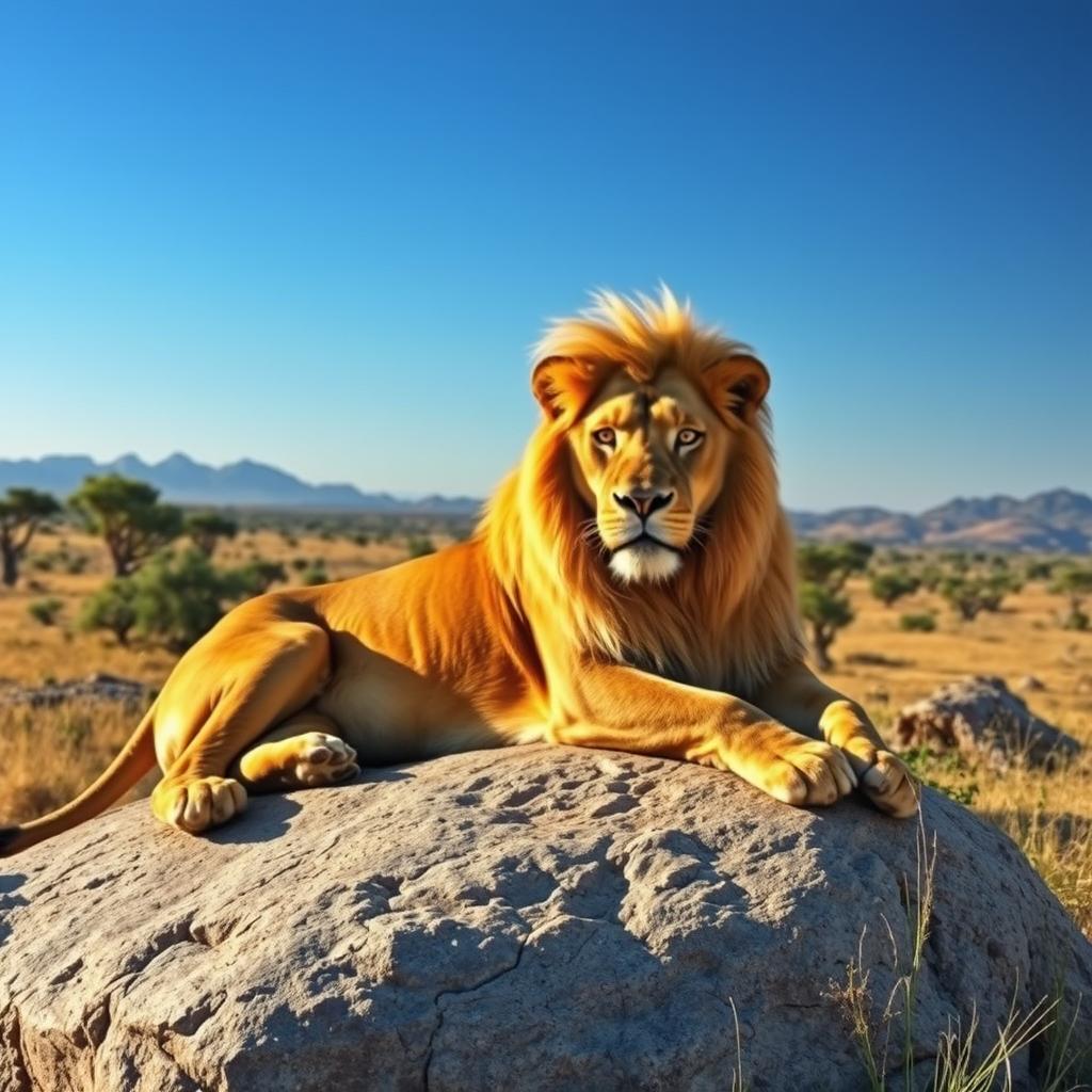 A majestic lion lounging on a sunlit rock in the African savanna, with a golden mane glistening in the sunlight