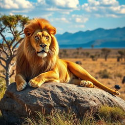 A majestic lion lounging on a sunlit rock in the African savanna, with a golden mane glistening in the sunlight