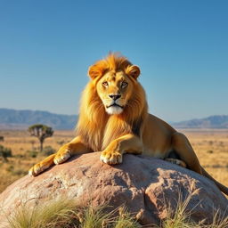 A majestic lion lounging on a sunlit rock in the African savanna, with a golden mane glistening in the sunlight