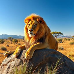 A majestic lion lounging on a sunlit rock in the African savanna, with a golden mane glistening in the sunlight